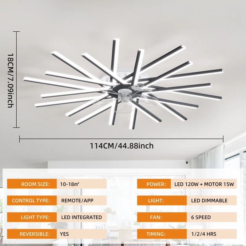 114cm reversible ceiling fan by TheChandelierCo with dimmable LED lights and remote control, shown installed in a modern living room
