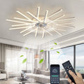 114cm reversible ceiling fan by TheChandelierCo with dimmable LED lights and remote control, shown installed in a modern living room.