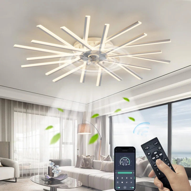 114cm reversible ceiling fan by TheChandelierCo with dimmable LED lights and remote control, shown installed in a modern living room.