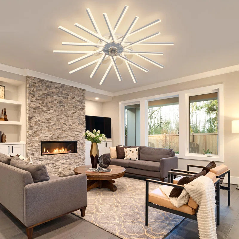 114cm reversible ceiling fan by TheChandelierCo with dimmable LED lights and remote control, shown installed on a ceiling.