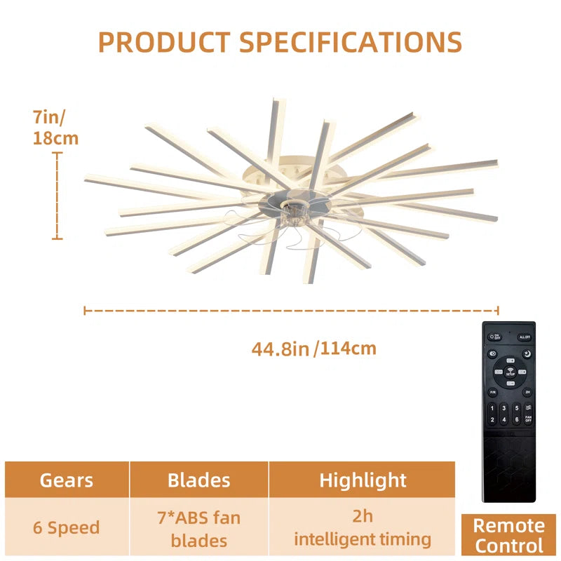 114cm reversible ceiling fan by TheChandelierCo with dimmable LED lights and remote control, shown in a modern living room setting