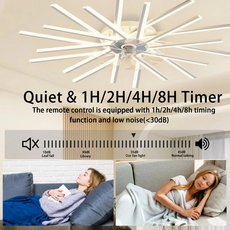 114cm dimmable reversible ceiling fan with LED lights and remote control from TheChandelierCo, shown with blades and light fixtures.