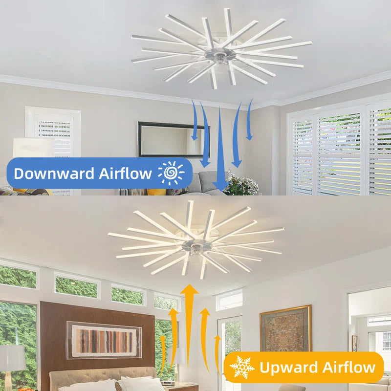114cm dimmable reversible ceiling fan with LED lights and remote control by TheChandelierCo, shown mounted on ceiling with blades and light fixture