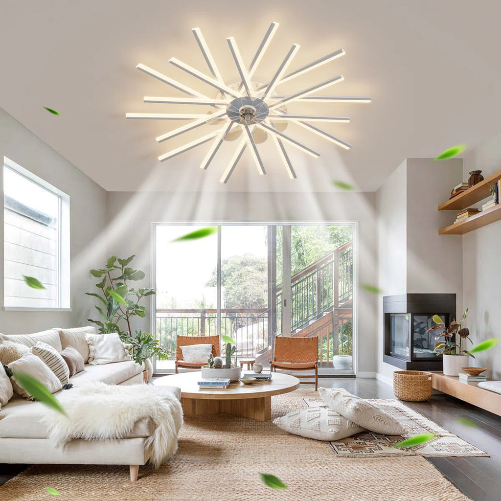 114cm dimmable reversible ceiling fan by TheChandelierCo with integrated LED lights and remote control, shown in a modern living room setting.
