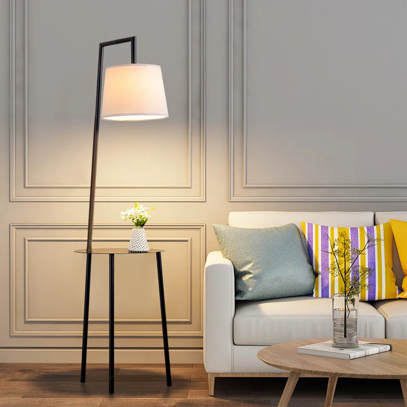 Black tray table floor lamp standing 150cm tall with a sleek design, ideal for living rooms or reading areas.