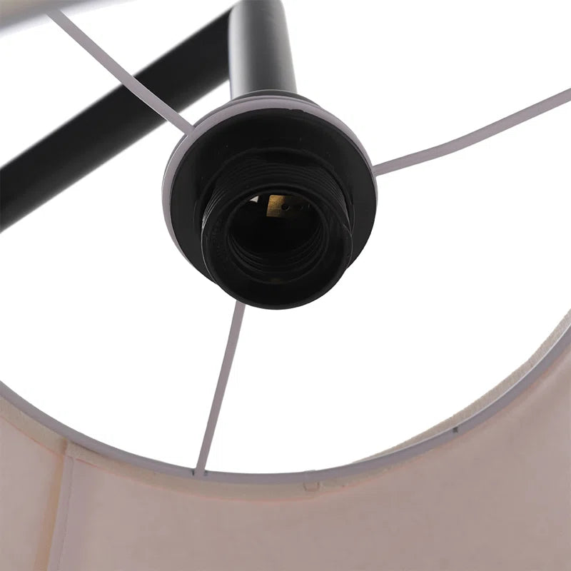 Black tray table floor lamp standing 150cm tall with a modern design, featuring a sturdy base and an adjustable lampshade.