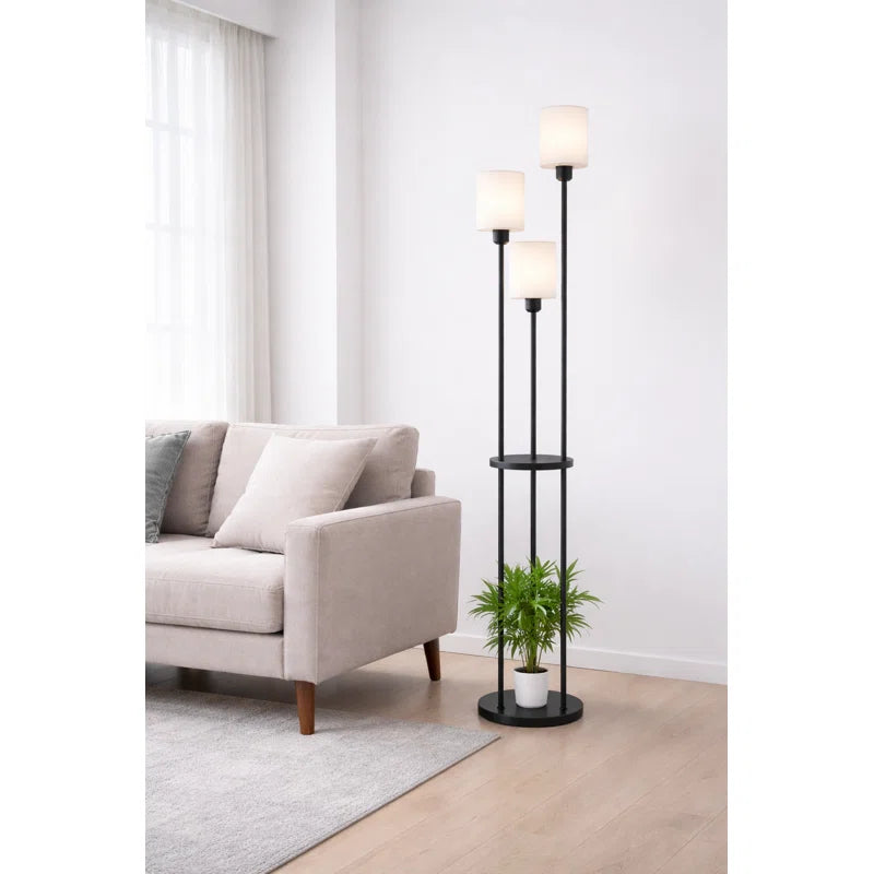 Black 163cm tray table floor lamp with fabric shade and E27 socket from TheChandelierCo, ideal for modern living rooms.