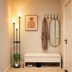 Black 163cm tray table floor lamp with fabric shade and E27 bulb socket, stylish and functional for living spaces.