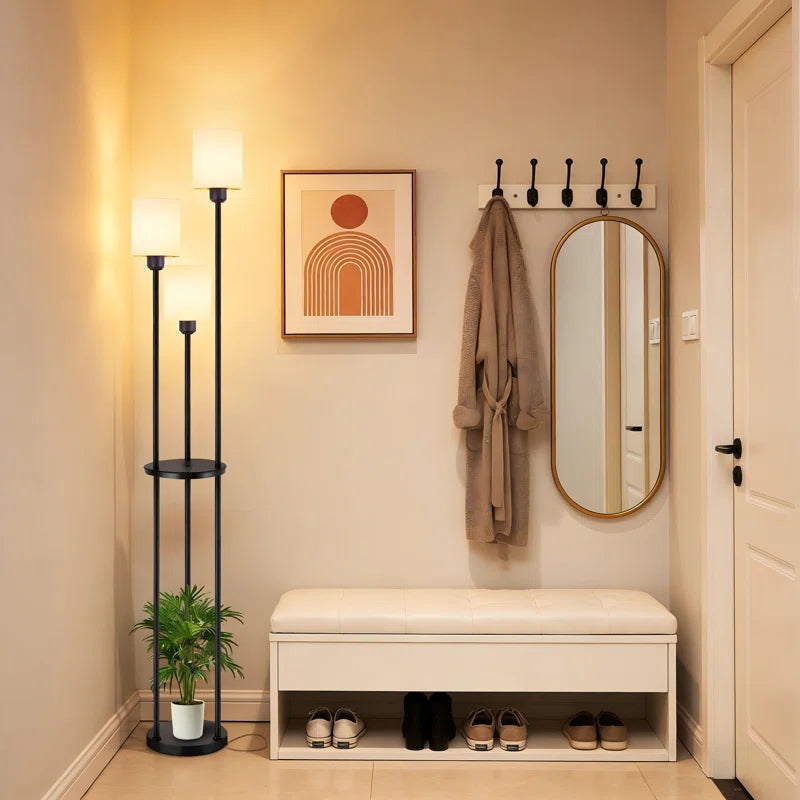 Black 163cm tray table floor lamp with fabric shade and E27 bulb socket, stylish and functional for living spaces.