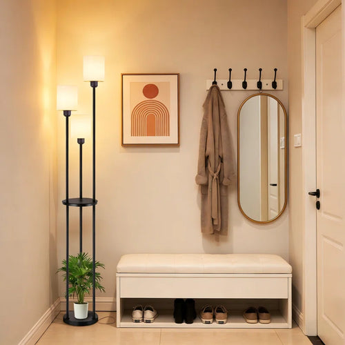 Black 163cm tray table floor lamp with fabric shade and E27 bulb socket, stylish and functional for living spaces.