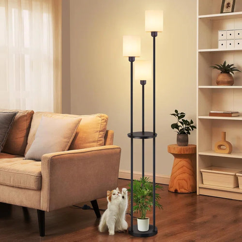 Black 163cm tray table floor lamp with fabric shade and E27 bulb fitting, stylish lighting from TheChandelierCo.