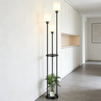 Black 163cm tray table floor lamp with fabric shade and E27 bulb socket, perfect for modern living spaces.