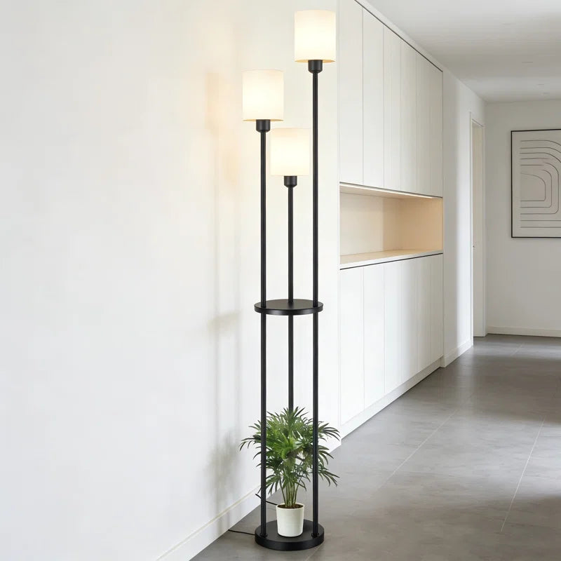 Black 163cm tray table floor lamp with fabric shade and E27 bulb socket, perfect for modern living spaces.