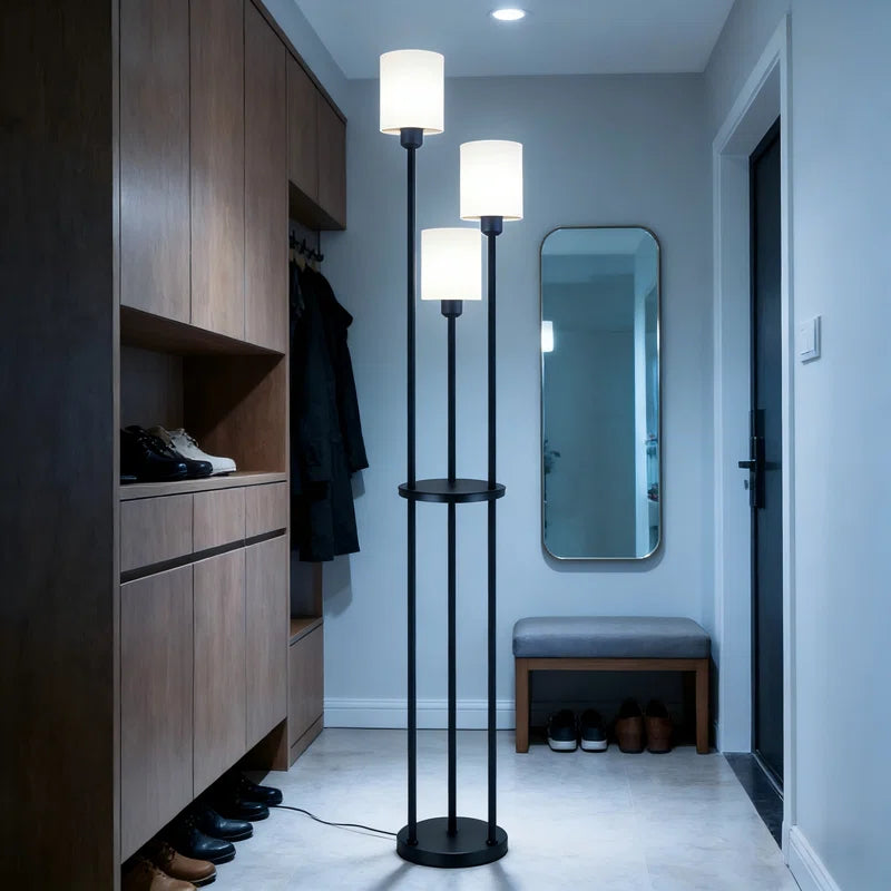Black 163cm tray table floor lamp with fabric shade and E27 bulb fitting, modern design by TheChandelierCo.