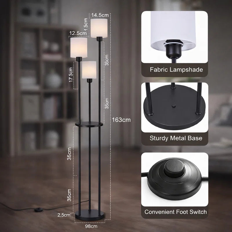 Black 163cm tray table floor lamp with fabric shade and E27 bulb socket, stylish and functional for living spaces.