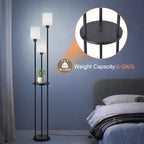 Black 163cm tray table floor lamp with fabric shade and E27 bulb socket, ideal for modern living spaces.