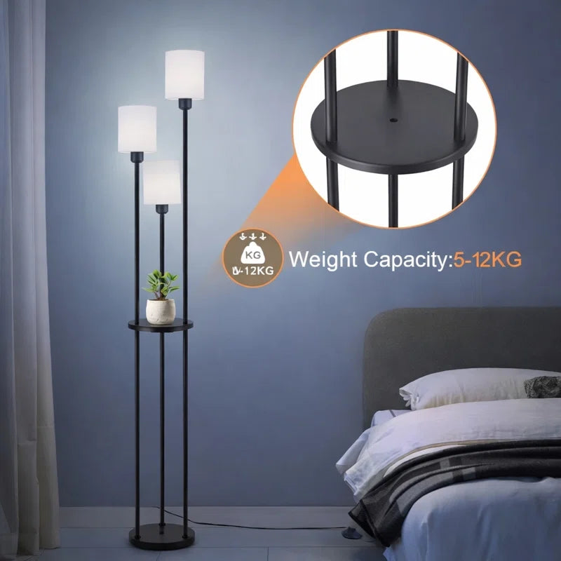 Black 163cm tray table floor lamp with fabric shade and E27 bulb socket, ideal for modern living spaces.