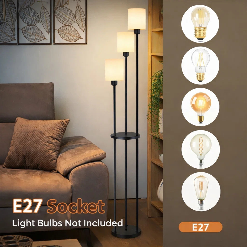 Black 163cm tray table floor lamp with fabric shade and E27 bulb socket, stylish and functional lighting for living spaces.