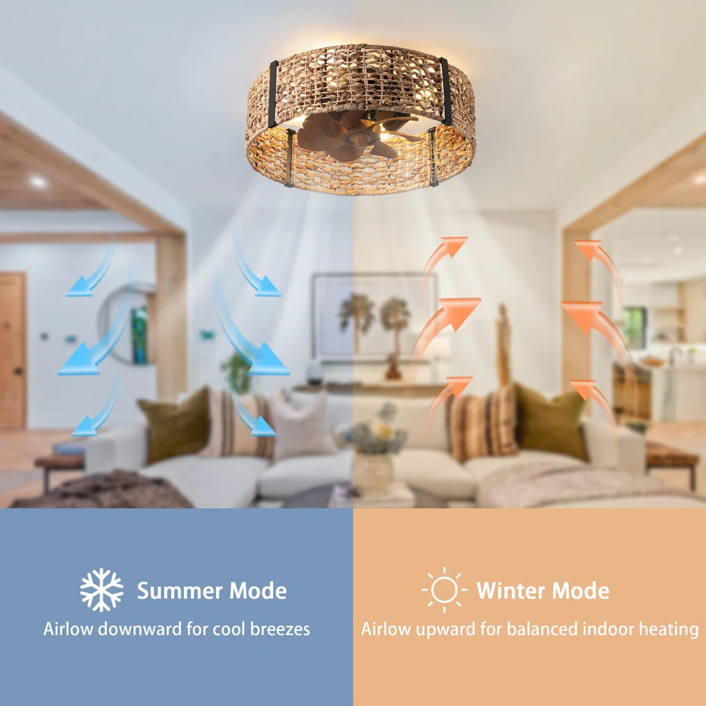 30cm TheChandelierCo smart ceiling fan with 7 blades, remote control, and integrated light kit, shown with blades and light fixture.