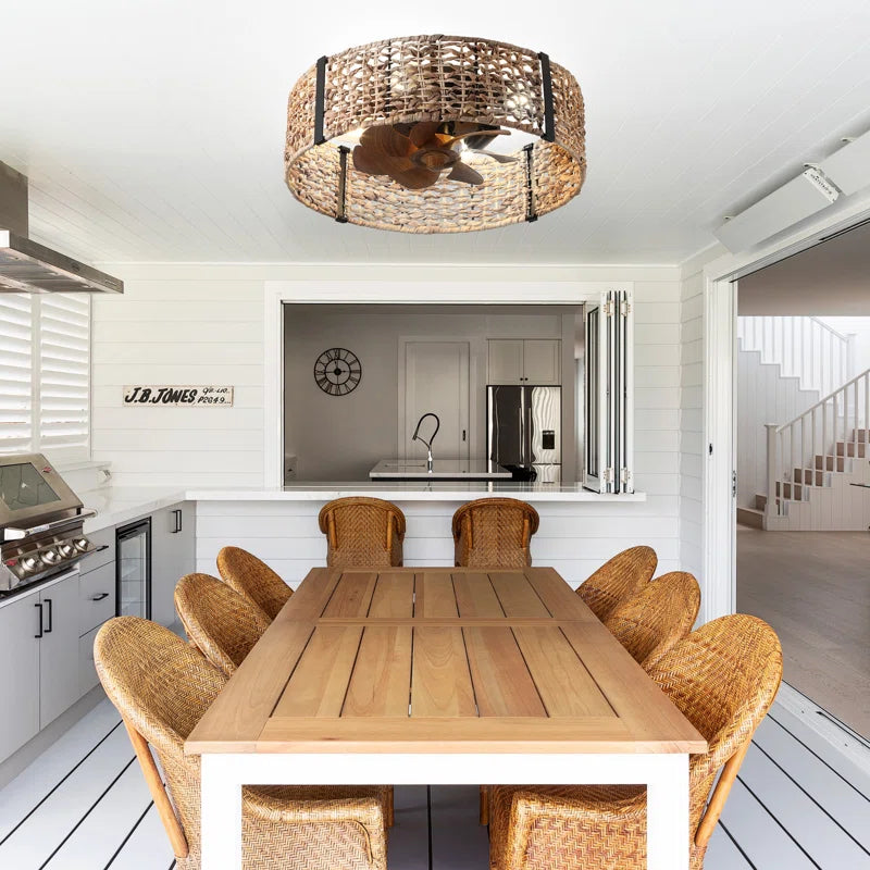 30cm TheChandelierCo smart ceiling fan with 7 blades, remote control, and integrated light kit, mounted on a ceiling.