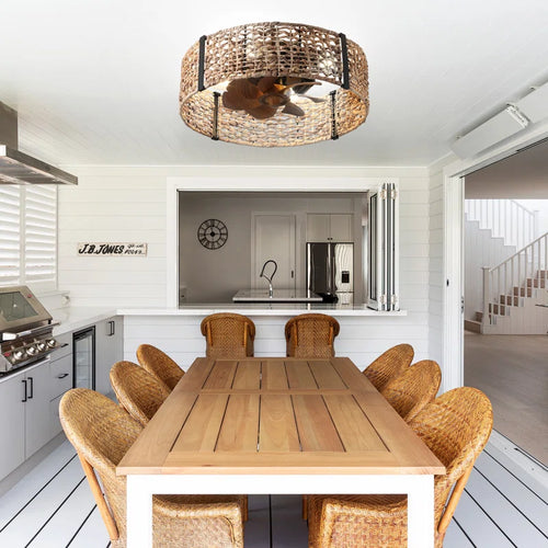30cm TheChandelierCo smart ceiling fan with 7 blades, remote control, and integrated light kit, mounted on a ceiling.
