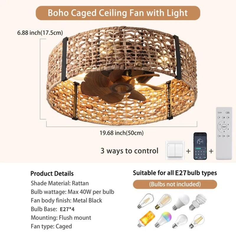 Smart ceiling fan by TheChandelierCo with 7 blades, remote control, and integrated light kit, measuring 30cm in diameter.