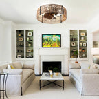 30cm TheChandelierCo smart ceiling fan with 7 blades, remote control, and integrated light kit, shown installed in a modern room.