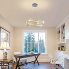 Three-light unique LED chandelier by TheChandelierCo with modern, artistic design featuring sleek, illuminated statement fixtures.