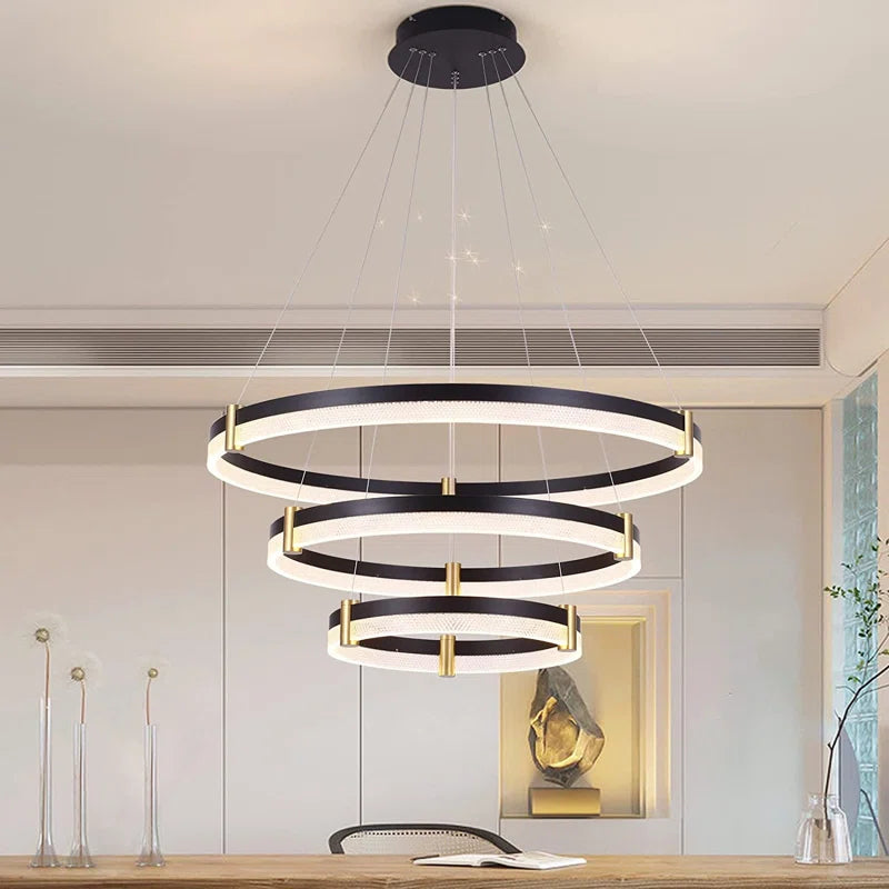Modern 3-ring 80cm tiered LED chandelier with acrylic crystals, dimmable pendant lighting from TheChandelierCo.