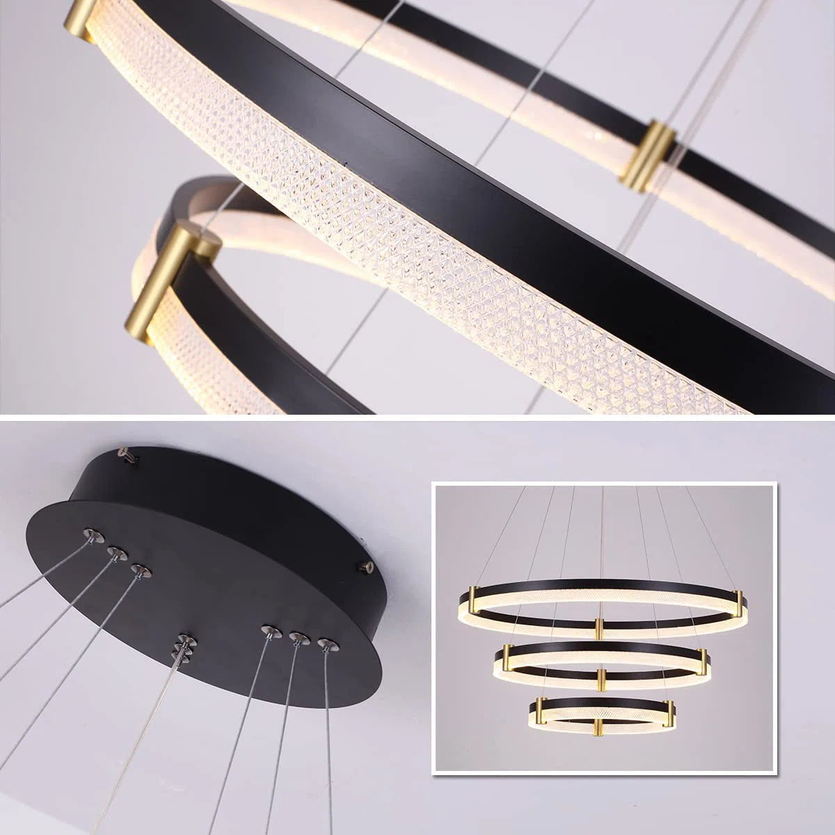Modern 80cm tiered chandelier with three rings, dimmable LED acrylic crystal pendant lighting from TheChandelierCo.