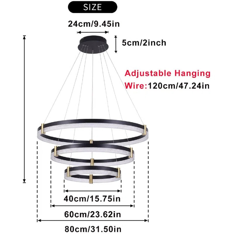 Modern 3-ring 80cm tiered chandelier by TheChandelierCo with dimmable LED acrylic crystals pendant lighting.