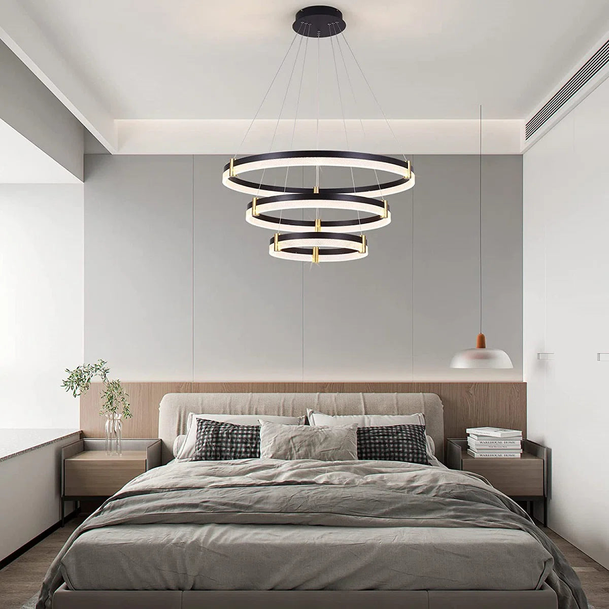 Modern 3-ring 80cm tiered chandelier by TheChandelierCo featuring dimmable LED acrylic crystal pendant lighting.