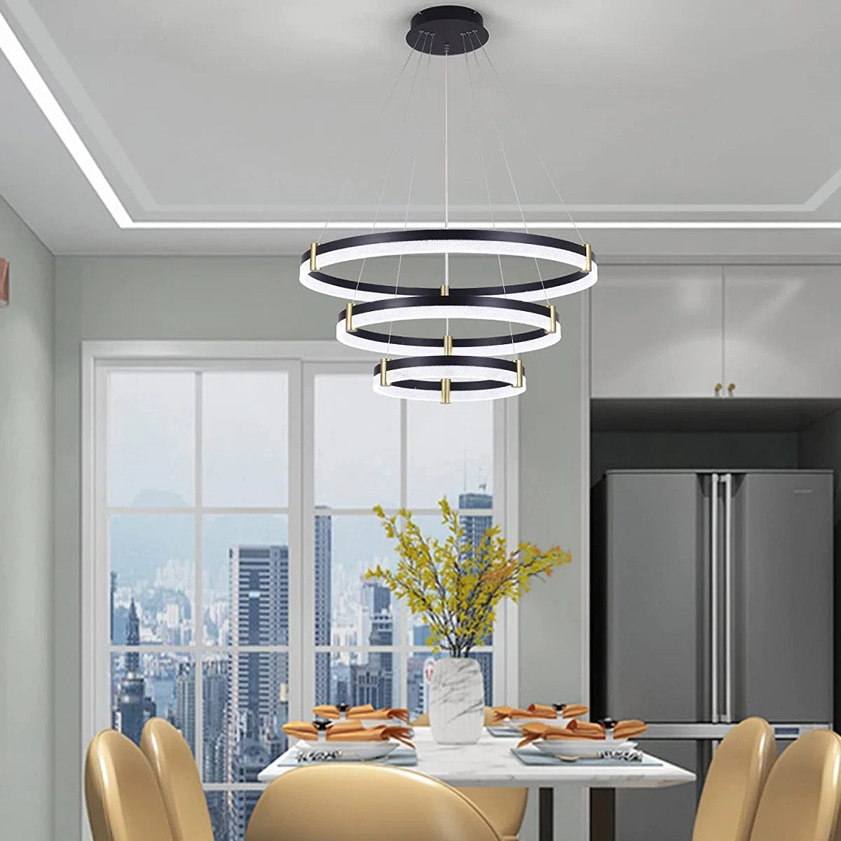Modern 80cm tiered chandelier with three rings, dimmable LED acrylic crystals, pendant lighting by TheChandelierCo.