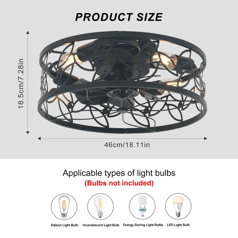 46cm farmhouse caged ceiling fan with light kit and remote control, featuring rustic design and metal cage enclosure.