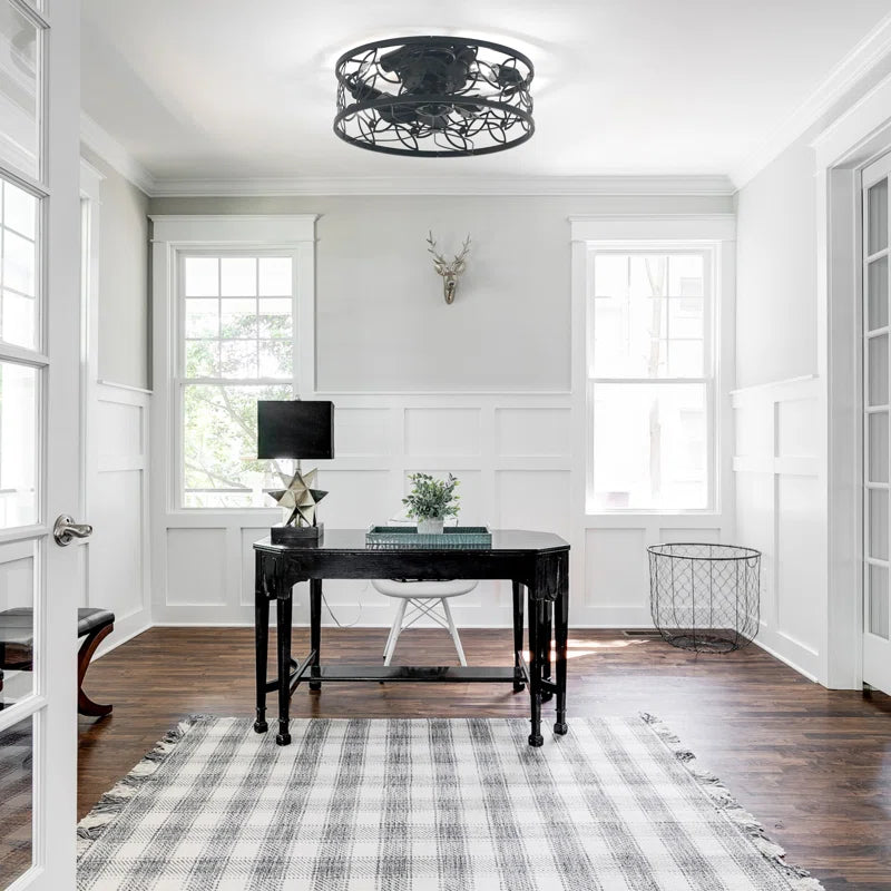 46cm farmhouse caged ceiling fan by TheChandelierCo with light kit and remote control, featuring rustic design and metal cage.