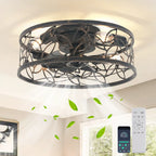 Farmhouse caged ceiling fan with light kit and remote control, 46cm size, by TheChandelierCo, featuring a rustic design and modern convenience.