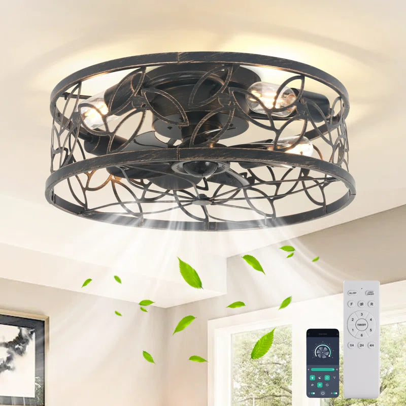 Farmhouse caged ceiling fan with light kit and remote control, 46cm size, by TheChandelierCo, featuring a rustic design and modern convenience.