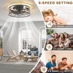 Farmhouse caged ceiling fan with light kit and remote, 46cm size, by TheChandelierCo, featuring a rustic design and modern remote control.