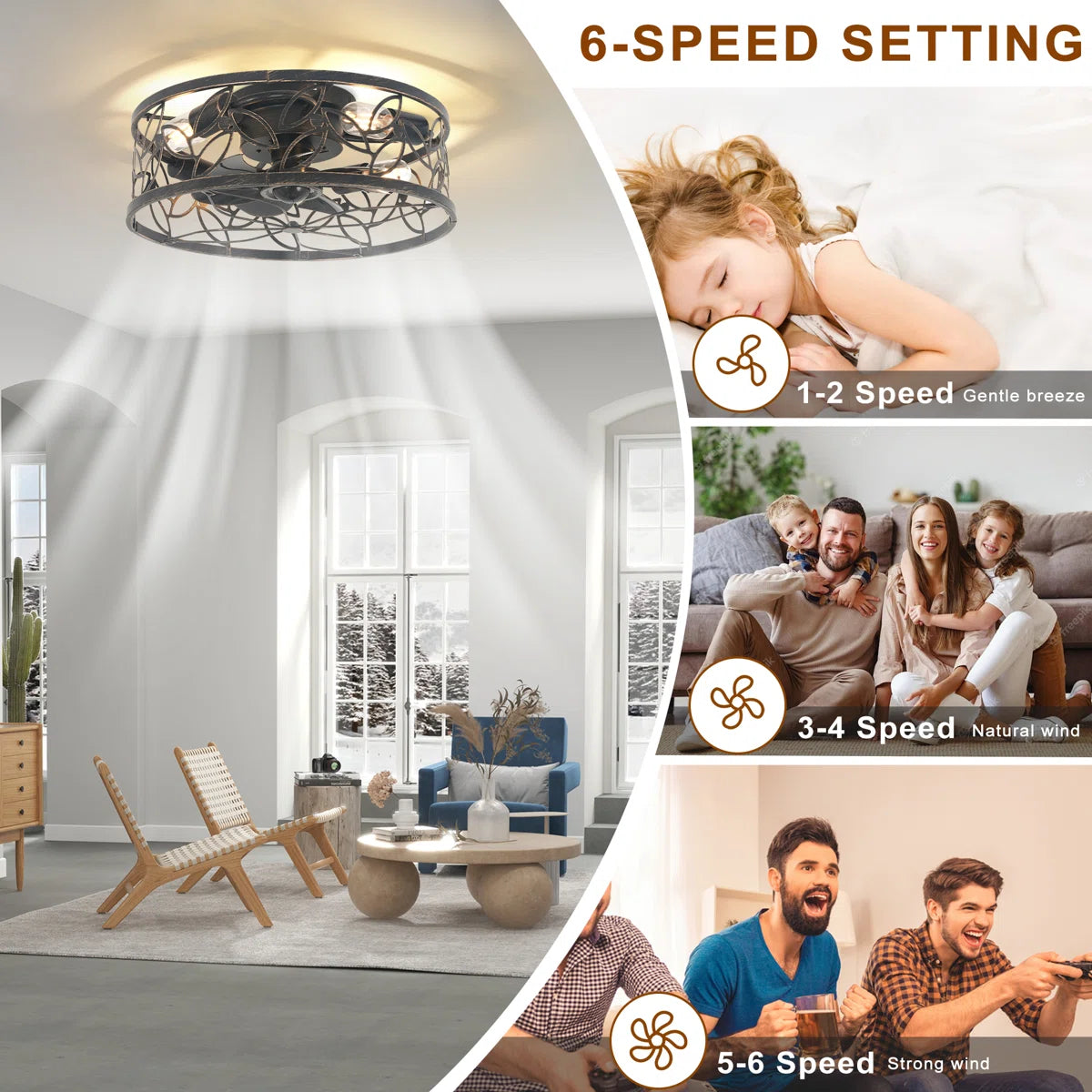 Farmhouse caged ceiling fan with light kit and remote, 46cm size, by TheChandelierCo, featuring a rustic design and modern remote control.