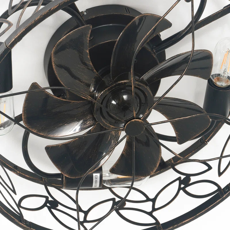 Farmhouse 46cm caged ceiling fan with light kit and remote control, featuring rustic design and black metal finish.