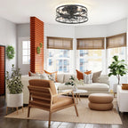 Farmhouse-style 46cm caged ceiling fan with light kit and remote control, featuring rustic metal design and wooden blades.