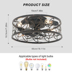46cm farmhouse caged ceiling fan with light kit and remote control, featuring rustic metal design and wooden blades.
