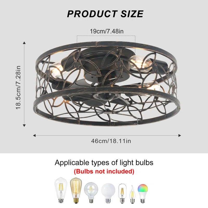 46cm farmhouse caged ceiling fan with light kit and remote control, featuring rustic metal design and wooden blades.