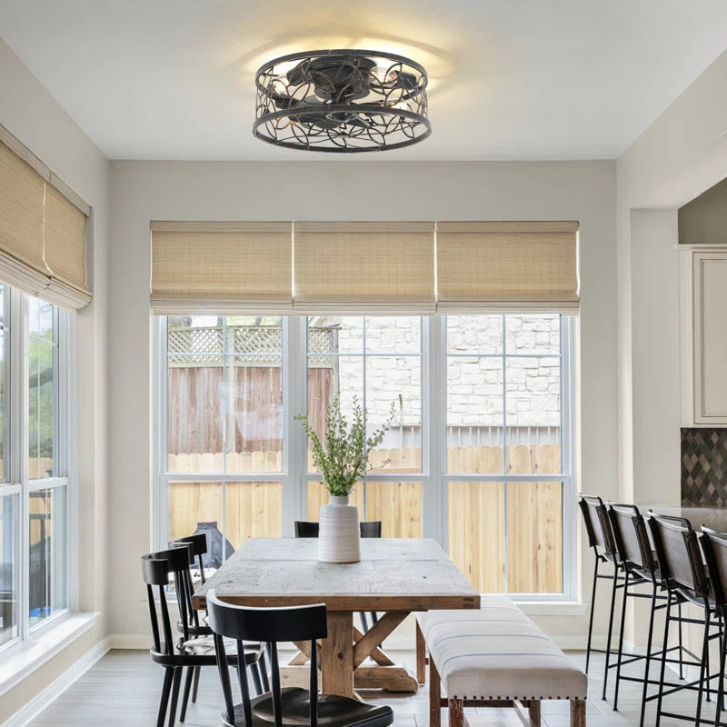 Farmhouse caged ceiling fan with light kit and remote control, 46cm diameter, by TheChandelierCo, showcasing a rustic design and metal cage.