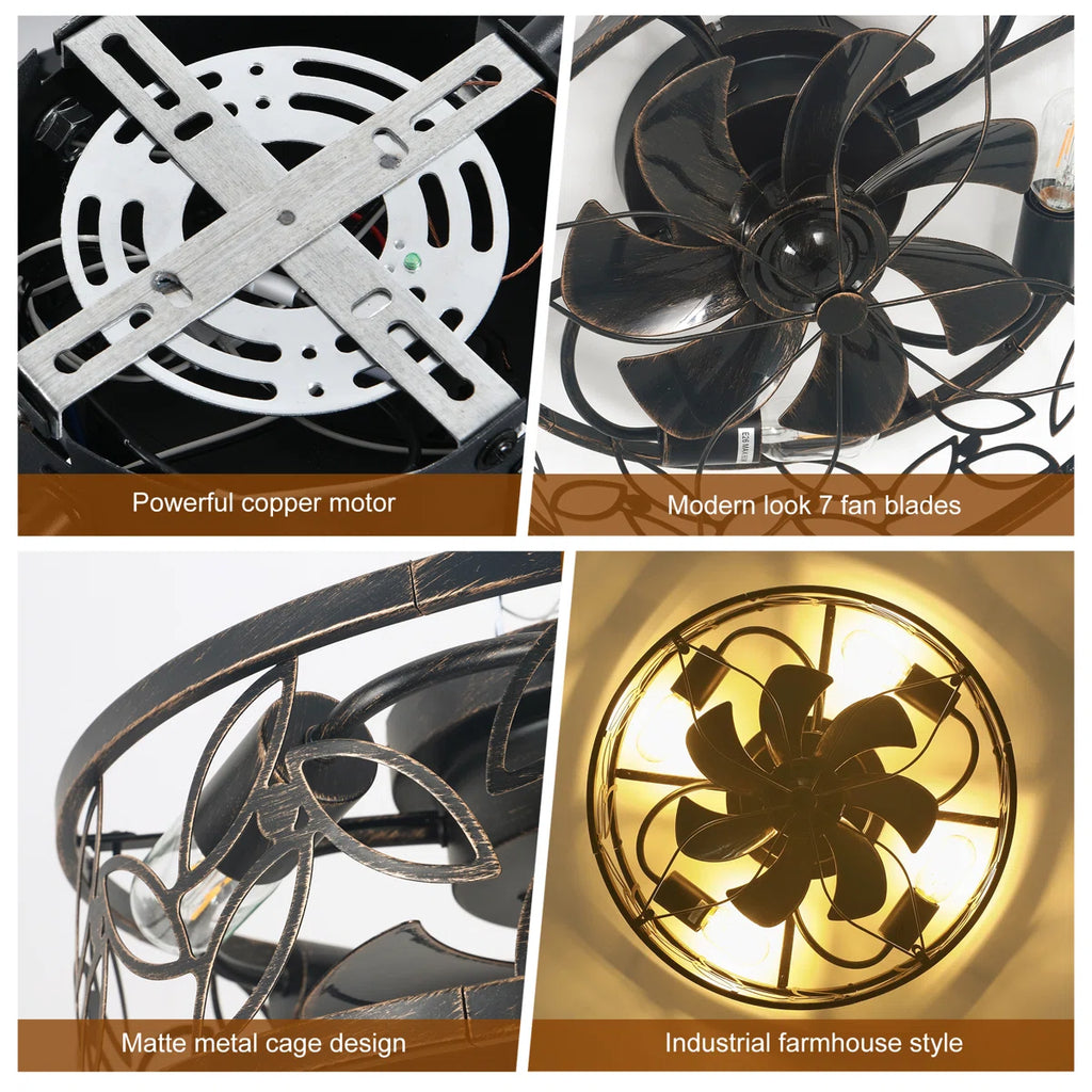 46cm farmhouse caged ceiling fan with light kit and remote, featuring rustic metal design and functional pull chain control.