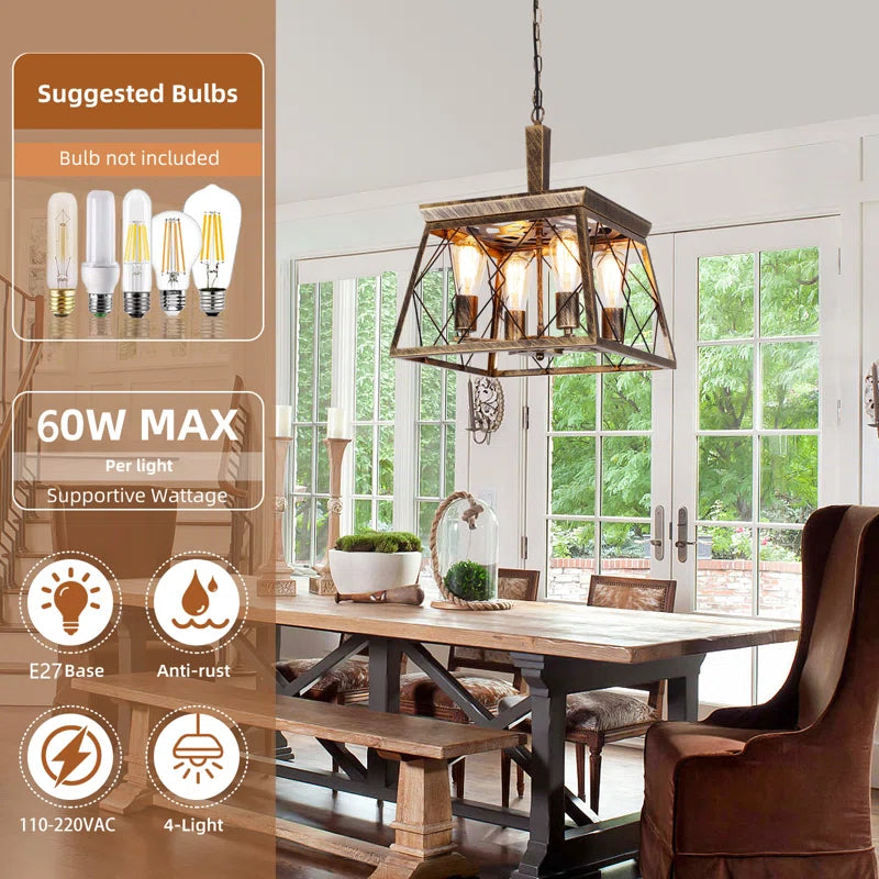 Four light bronze lantern pendant lights with intricate metalwork and glass panels, hanging in a modern interior setting.
