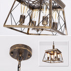 Four light bronze lantern pendant lights with intricate metalwork hanging from a ceiling fixture.