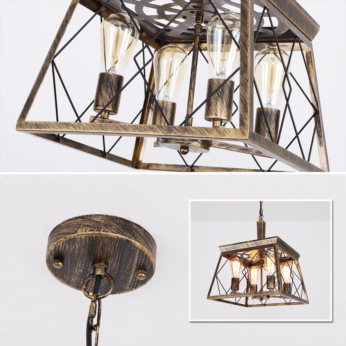 Four light bronze lantern pendant lights with intricate metalwork hanging from a ceiling fixture.