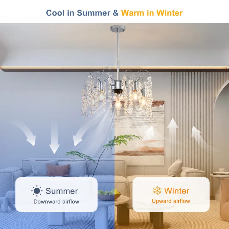 50 cm crystal chandelier ceiling fan by TheChandelierCo with 7 blades, light kit, remote control, and app for easy operation.
