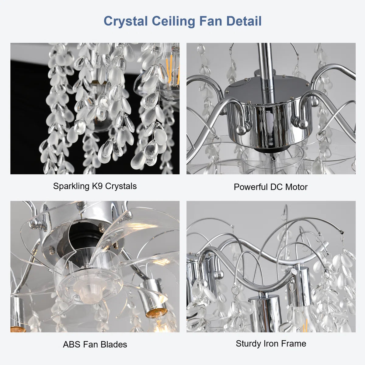 TheChandelierCo 50cm 7-blade crystal chandelier ceiling fan with light kit, remote control, and app control in a modern room.